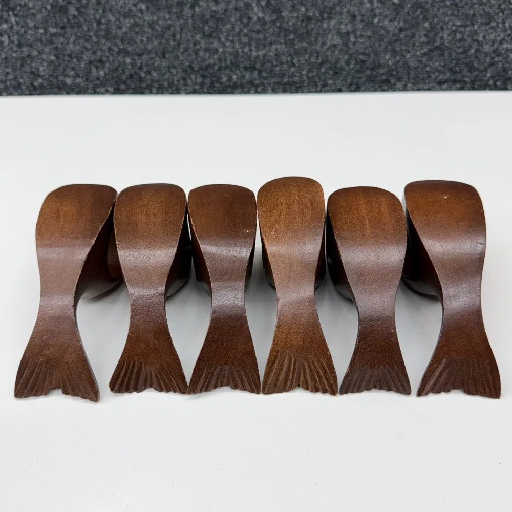 Vintage Hand Carved Wood Whale Napkin Rings Set of 6 Dark Brown Nautical Coastal